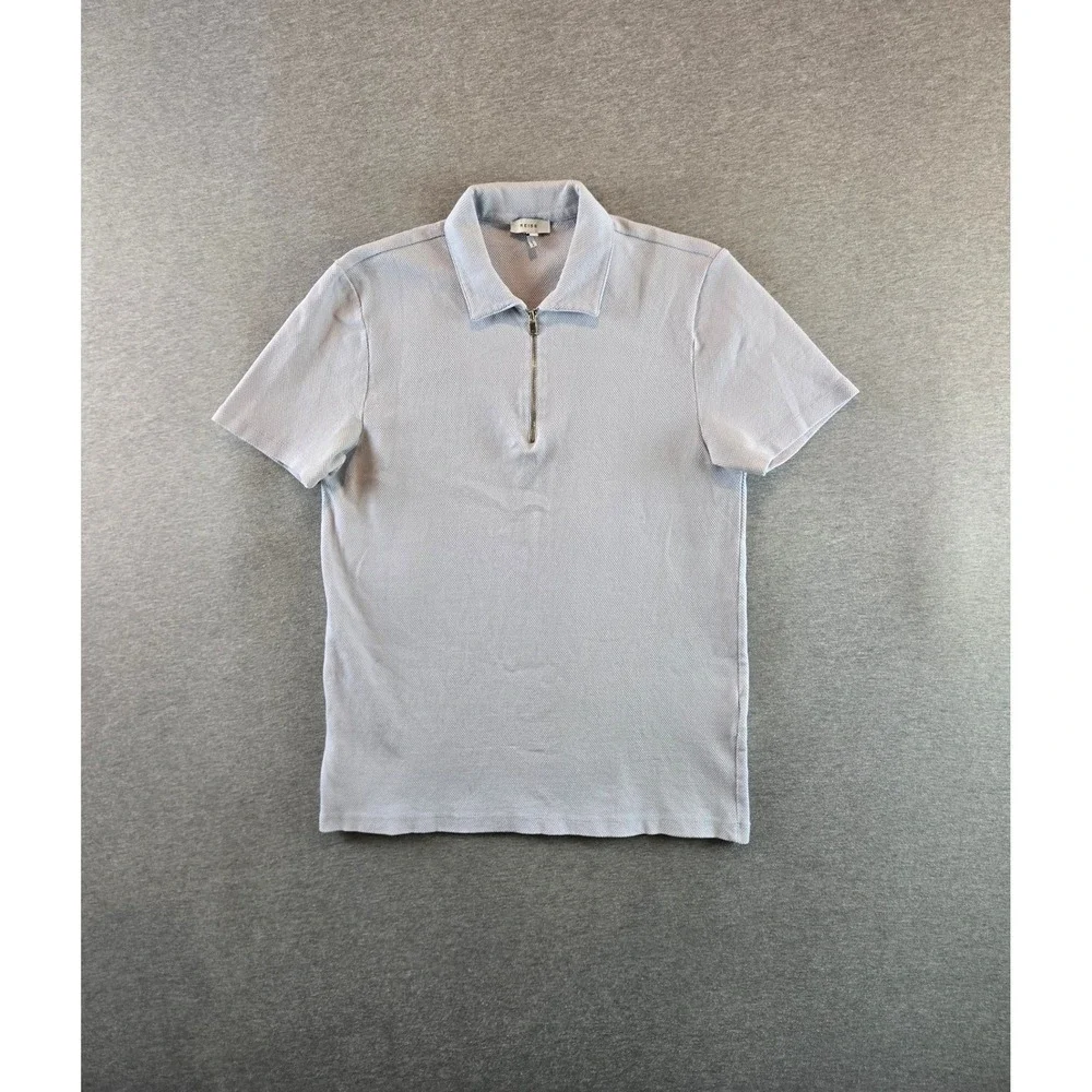 Reiss Billy Zip Polo Mens Size M Light Blue Textured Waffle Knit Short Sleeve - Picture 1 of 13